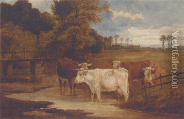 Cattle Watering Oil Painting - Henry William Banks Davis