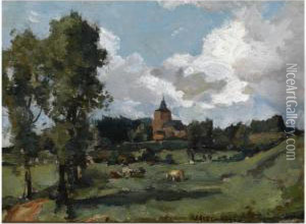 A Summer Landscape With A Village In The Distance, Possibly Heelsum Oil Painting - Johannes Evert Akkeringa