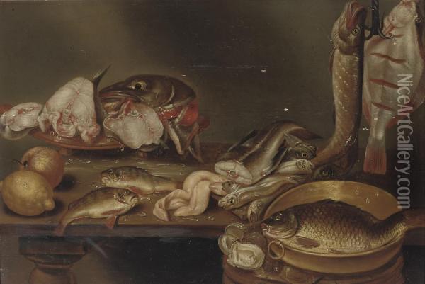 A Lemon, Peach, Fish Heads On A Plate, A Pike And Flatfish On A Hook And Eels, All On A Wooden Table Oil Painting - Alexander Adriaenssen
