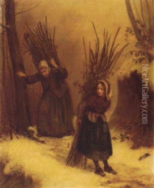 Faggott Gatherers In The Snow Oil Painting - Pierre Edouard Frere