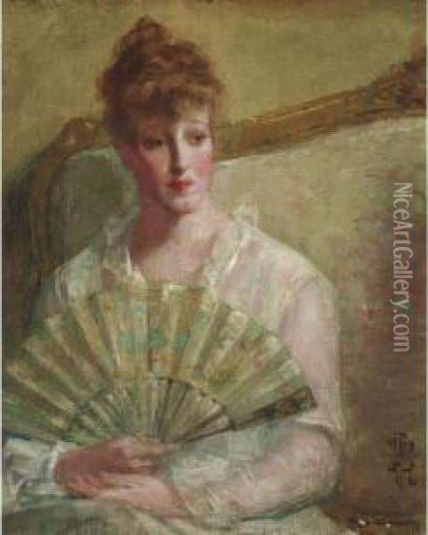 Lady With A Fan Oil Painting - Albert Rosenthal