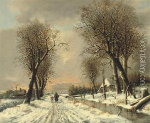 A Walk Along The Snowy Path Oil Painting - Franciscus Lodewijk Van Gulik