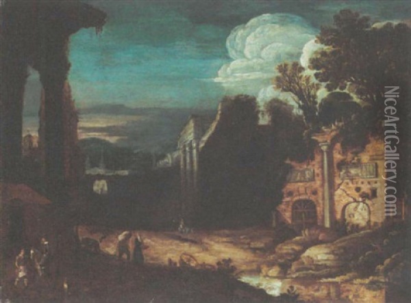A Wooded Landscape With Travellers Amongst Classical Ruins Oil Painting - Jacob Symonsz Pynas