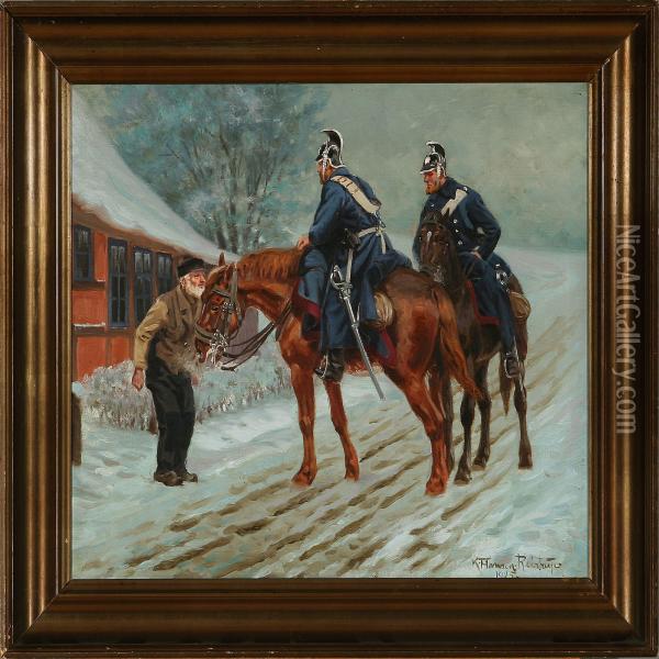 Two Dragoons Getnews From A Farmer Oil Painting - Karl Frederik Hansen-Reistrup