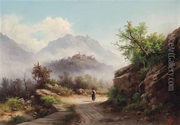 A Girl On The Road To San Marcello Pistoiese, Italy Oil Painting - Guido Agostini
