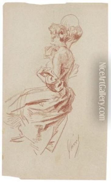 Femme Assise De Profil En Robe Longue Et Chapeau Oil Painting - Jules Cheret