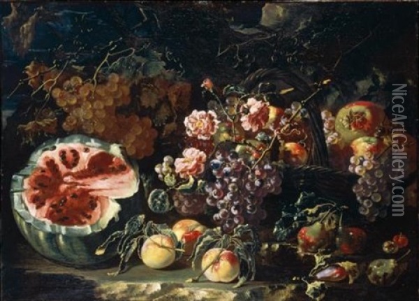 Still Life Of Watermelon, Plums, Peaches And Grapes, Together With A Basket Of Grapes And Pomegranates, All In A Landscape Oil Painting - Giovanni Paolo Castelli (lo Spadino)