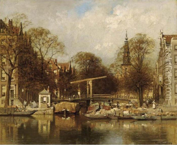 A View Of The Groenburgwal With The Zuiderkerk, Amsterdam Oil Painting - Johannes Christiaan Karel Klinkenberg