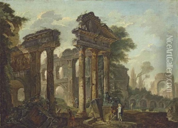 An Architectural Capriccio With Peasants Resting Amongst Roman Ruins Oil Painting - Hubert Robert