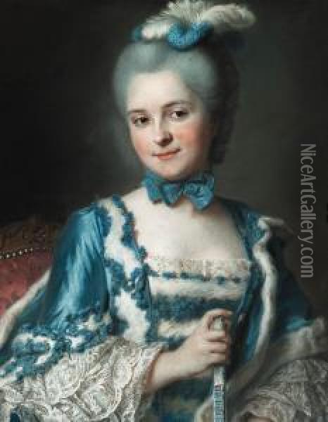 Portrait Of Madame Cailloux 
Bust-length, Wearing A Blue Dress Andholding A Fan, Seated On A Louis Xv
 Chair Oil Painting - Maurice Quentin de La Tour