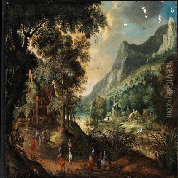 Landscape With Figures Near A River Oil Painting - David Vinckboons