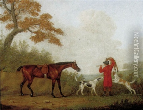 Jagtscene Med Hest Og Hunde Samt Rytter Med Raev Og Jagthorn Oil Painting - John Nost Sartorius