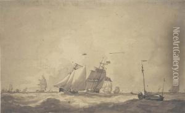 A Fleet On The Open Sea In High Winds Oil Painting - Johannes Christian Schotel