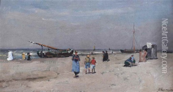 Strand Met Figuurtjes: A Day At The Beach Oil Painting - Jan Hillebrand Wijsmuller