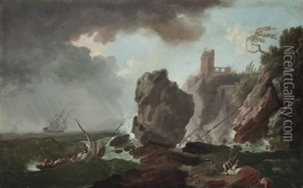 A Stormy Coastal Landscape With A Shipwreck Oil Painting - Francesco Fidanza