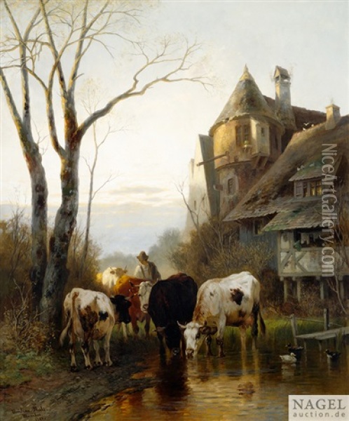 Kuhe An Der Viehtranke Am Dorfrand Oil Painting - Christian Friedrich Mali