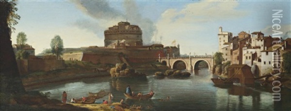 Blick Auf Den Tiber Mit Der Engelsburg Oil Painting - Isaac de Moucheron
