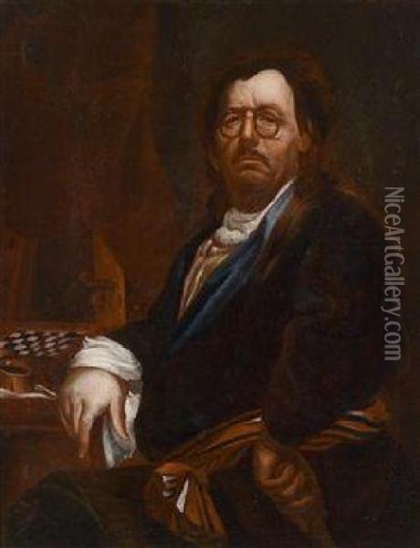 Self-portrait As An Old Man Withchessboard Oil Painting - Johann Kupetzki