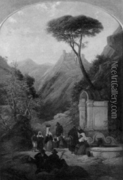 Italienische Gebirgslandschaft Mit Frauen Am Brunnen Oil Painting - Thomas Brabazon Aylmer