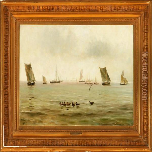 Marine With Severalsailing Ships On Open Sea Oil Painting - Holger Peter Svane Lubbers