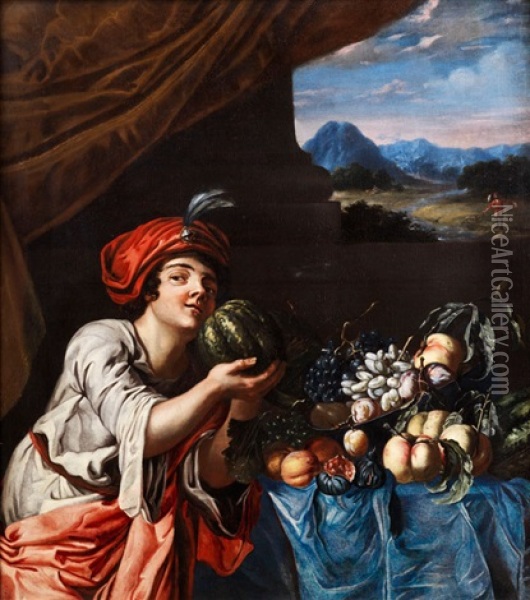 Grosses Fruchtestilleben Mit Orientalisch Gekleidetem Knaben Vor Einer Landschaft Oil Painting - Abraham Brueghel