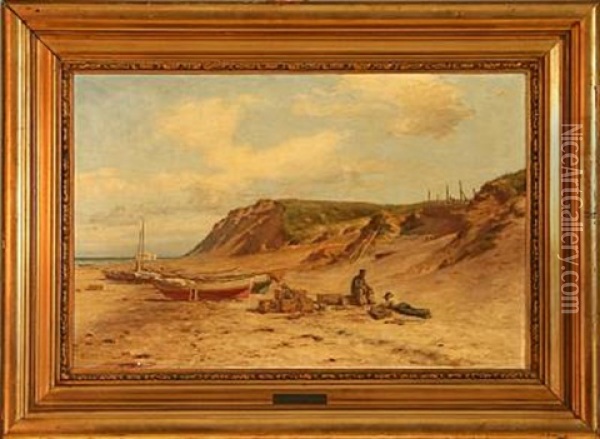 Fishermen At Lonstrup Beach, Denmark Oil Painting - Niels Frederik Schiottz-Jensen