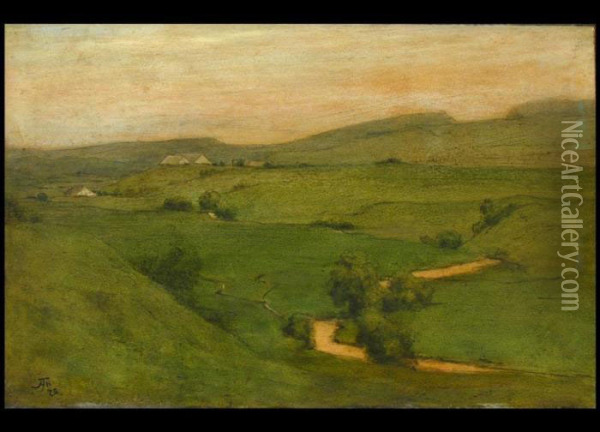 Hugelige Landschaft Mit Dorf Und Bach Oil Painting - Hans Thoma