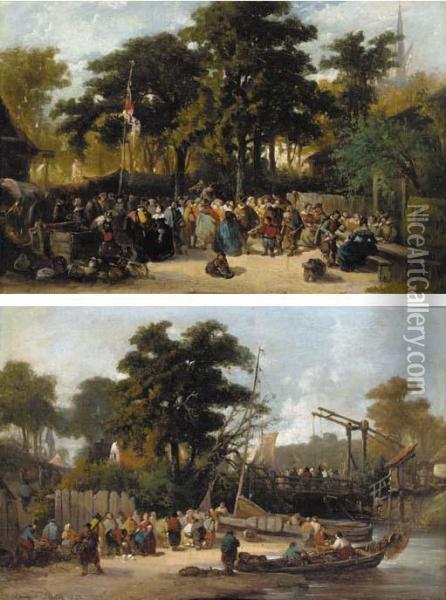 A Country Fair; And Figures On A Canal Oil Painting - Laurent Herman Redig