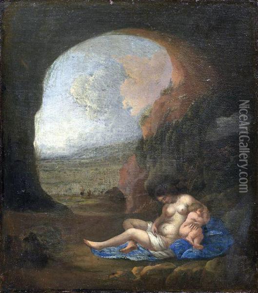 Schlafende Nymphe Mit Ihrem Kind In Einer Felsgrotte Oil Painting - Cornelis Van Poelenburch