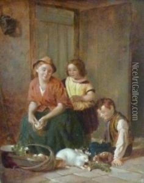 Mother And Children With Rabbits Oil Painting - William Hemsley