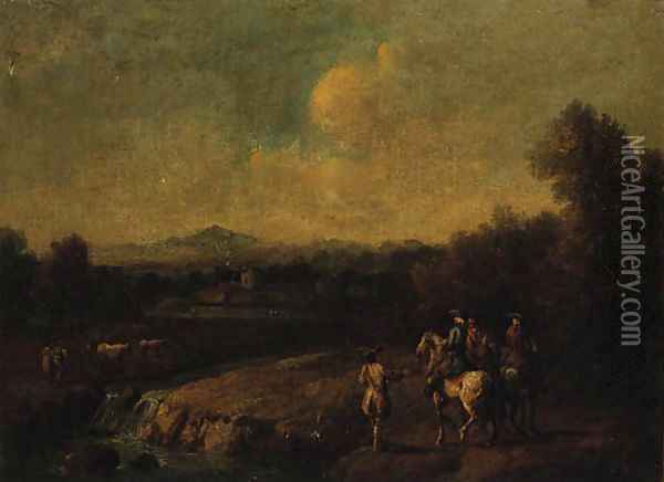 A wooded River Landscape with Huntsmen on a Track Oil Painting - Francesco Simonini