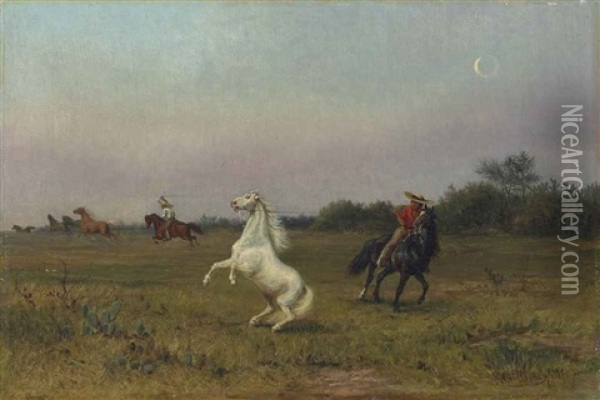 Gauchos Rounding Up Wild Horses In The Mexican Savannah At Dusk Oil Painting - Karl Gillissen