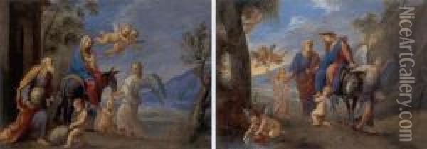 The Departure And The Rest On The Flight To Egypt: A Pair Of Paintings Oil Painting - Giovanni Gioseffo da Sole