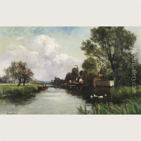 Tranquil River Scene With Sunlit Village Houses Oil Painting - Henry John Yeend King