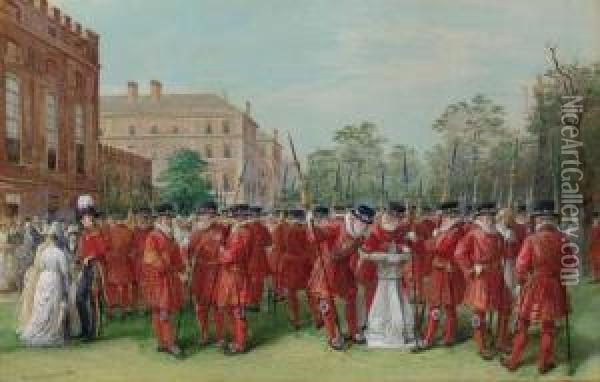 The Parade Of The Yeomen Of The Guard At Clarence House Oil Painting - Nicholas Chevalier