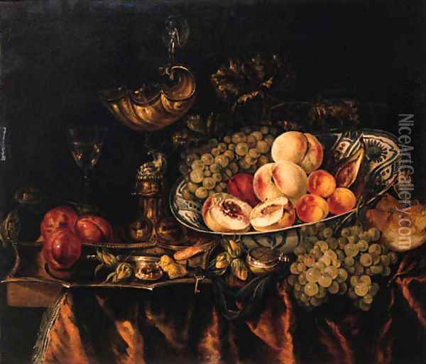 Peaches, grapes, apricots, a fig and a plum in a wan-li - dish, a bun, grapes, a fob-watch, a shrimp, hazelnuts, plums and sweetmeat on a puntschotel Oil Painting - Abraham Hendrickz Van Beyeren