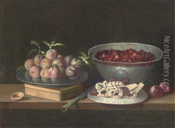 Peaches On A Pewter Plate, Cherries In A Porcelain Bowl With A Dish Of Sweets, A Knife And A Box On A Wooden Ledge Oil Painting - Juan Van Der Hamen Y Leon