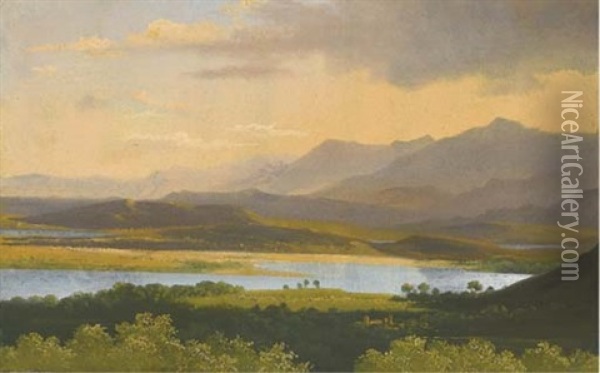 Un Paysage Montagneux Avec Un Lac Au Coucher Du Soleil Oil Painting - Jean Joseph Xavier Bidault