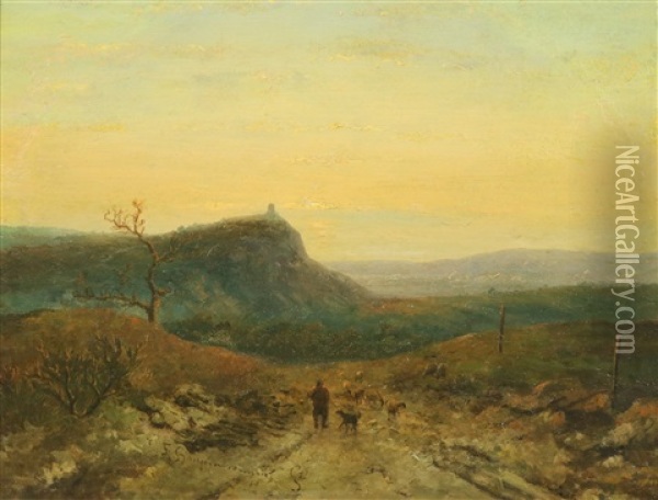 Herder In Heuvellandschap Bij Ondergaande Zon Oil Painting - Johannes Franciscus Hoppenbrouwers