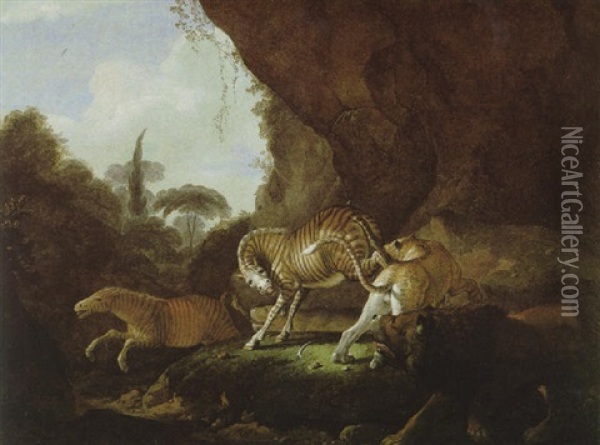 Kampf Zwischen Einem Leoparden Und Einem Zebra In Einer Waldlandschaft Oil Painting - Carl Borromaus Andreas Ruthart