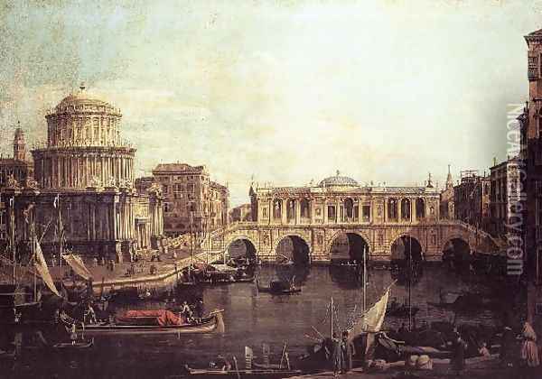Capriccio The Grand Canal, with an Imaginary Rialto Bridge and Other Buildings 1740s Oil Painting - (Giovanni Antonio Canal) Canaletto