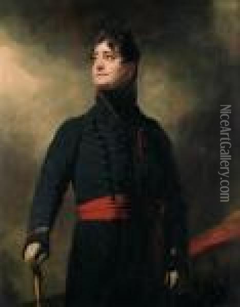 Portrait Of James, 4th Earl Of 
Fife (1776-1857),three-quarter-length, In Military Uniform, With A Red 
Sash, Wearingthe Badge Of The Order Of St. Ferdinand, A Landscape Beyond Oil Painting - Sir Henry Raeburn