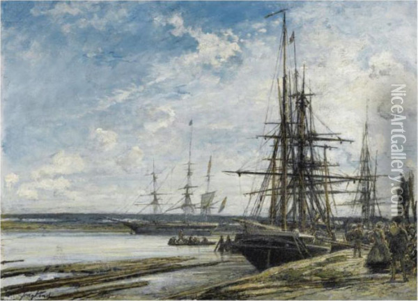Moored Sailing Vessels On The River Maas Near Rotterdam Oil Painting - Johan Barthold Jongkind