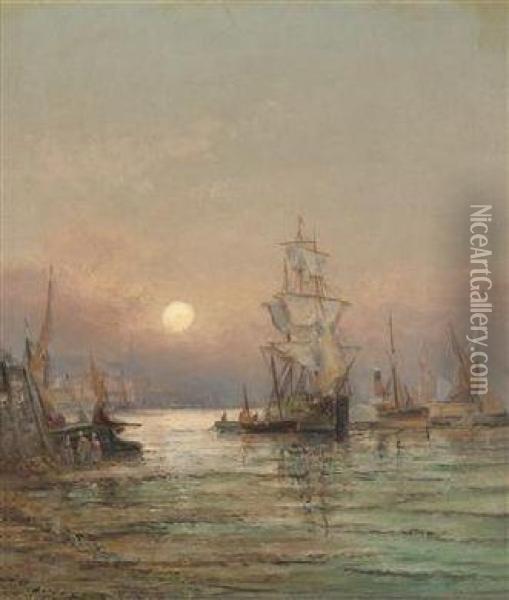 Ships In A Harbour While The Sunsets Oil Painting - William Georges Thornley