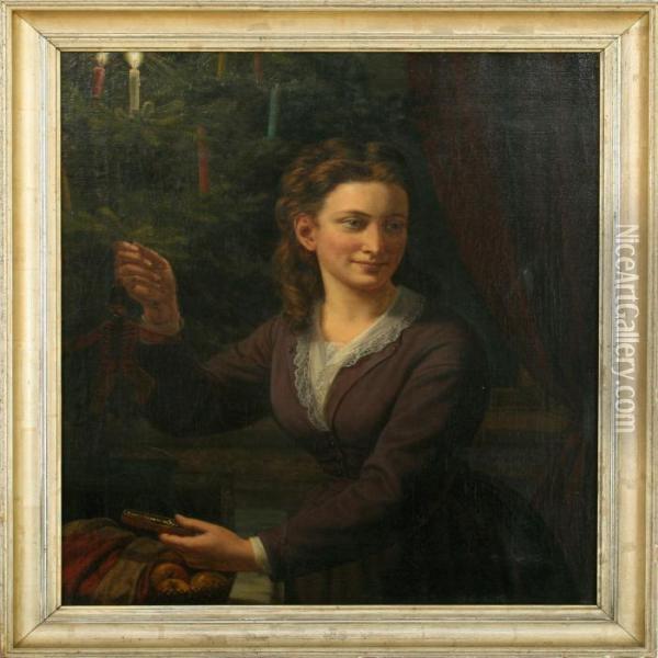 A Young Woman Decorating The Christmas Tree Oil Painting - Frederik Ludwig Storch