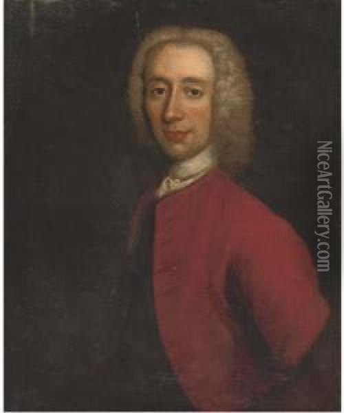 Portrait Of A Bewigged Gentleman, Half-length, In A Red Coat Oil Painting - Andrea Soldi