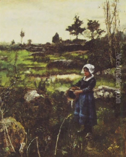 Peasant Girl With Water Vessel In Field Oil Painting - Henry John Yeend King