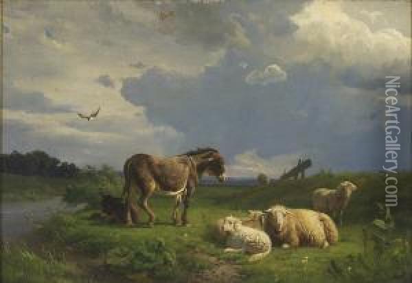 Pastoral Scene With Donkeys And Sheep Oil Painting - Jacobus Nicolaas Tjarda Van Stachouwer