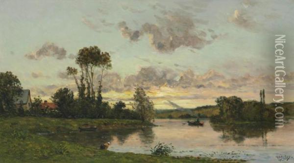 Sunset On The Banks Of The River Oil Painting - Hippolyte Camille Delpy