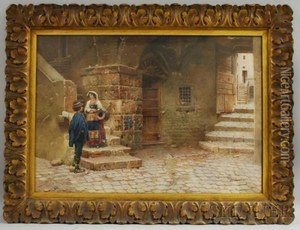 Village Scene With Couple On The Stairs In Subiaco Oil Painting - Scipione Simoni
